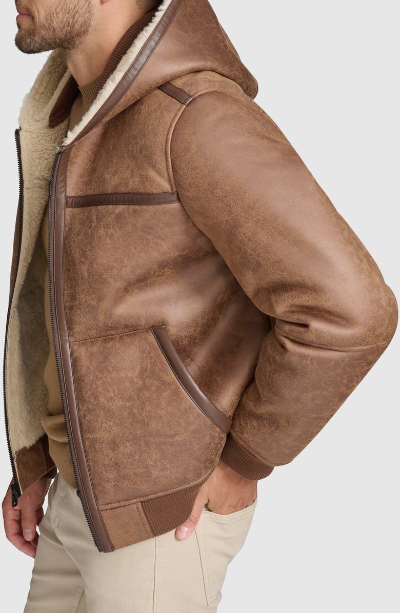 Andrew Marc Crackle Faux Shearling Lined Faux Leather Jacket, Alternate, color, Brown