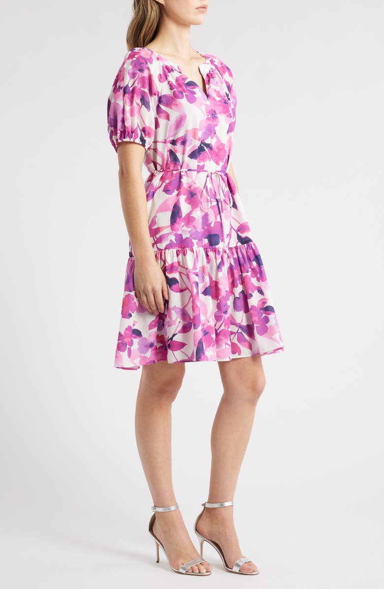 Julia Jordan Floral Print Tie Waist Puff Sleeve Dress, Alternate, color, Magenta Multi