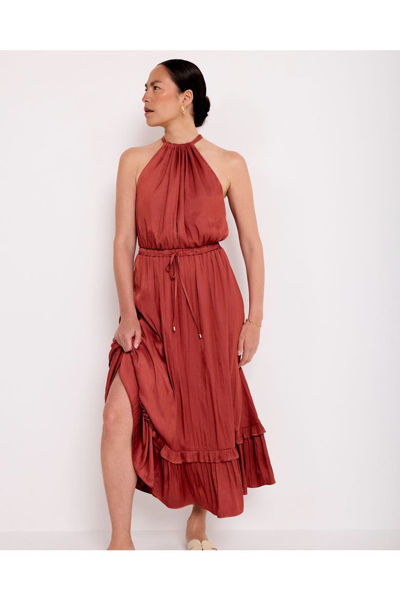 Ruffle Halter Neck Maxi Dress, Alternate, color, Brown