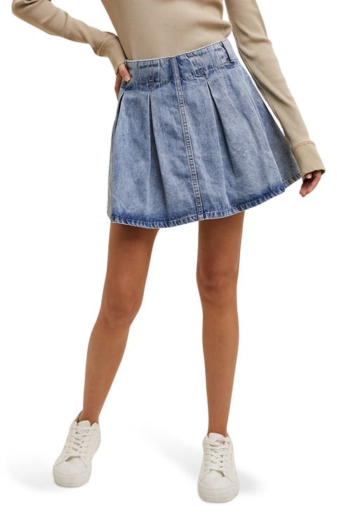 Washed Denim Pleated Miniskirt