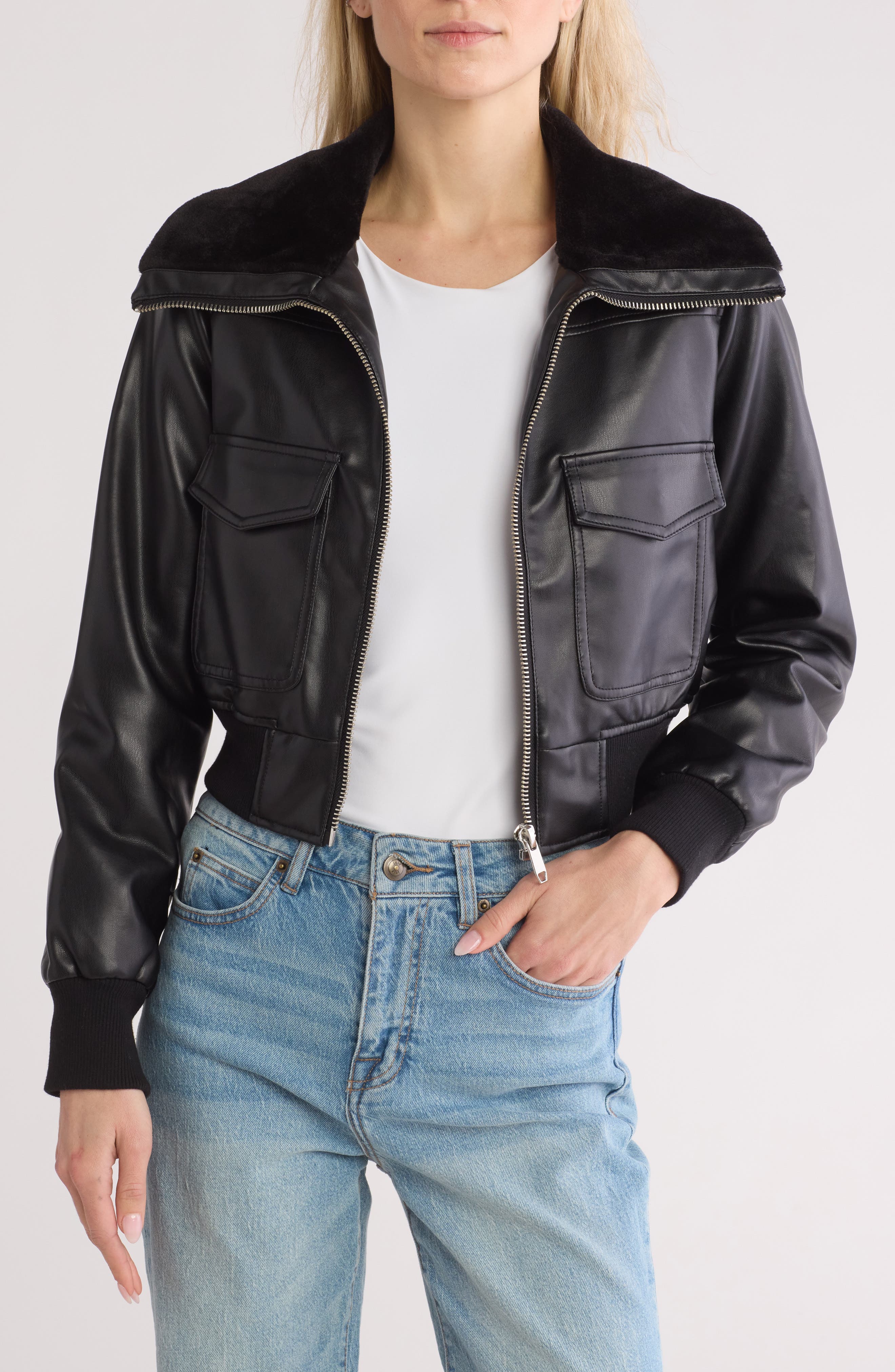 Vigoss Faux Fur Collared Faux Leather Dad Bomber Jacket
