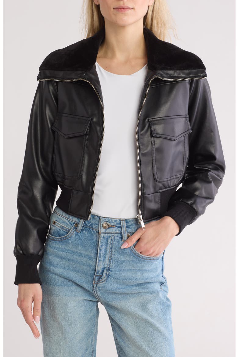 Faux Fur Collared Faux Leather Dad Bomber Jacket, Main, color, BLACK/ BLACK