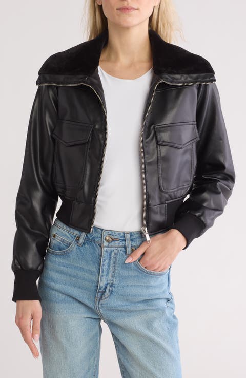 Faux Fur Collared Faux Leather Dad Bomber Jacket