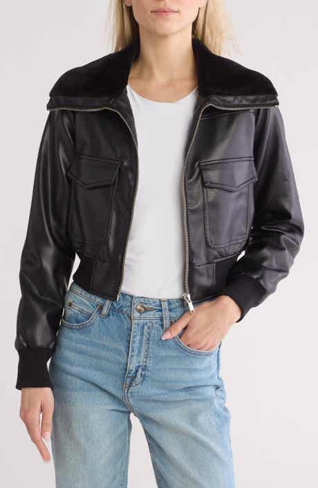 Vigoss Faux Fur Collared Faux Leather Dad Bomber Jacket