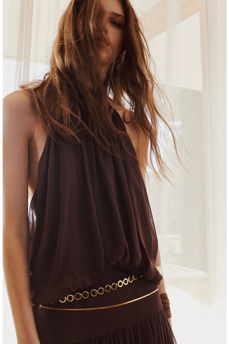 Ruffled High Neck Dress, Alternate, color, BROWN