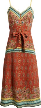 Elie Tahari The Brooks Mixed Print Linen Blend Midi Dress