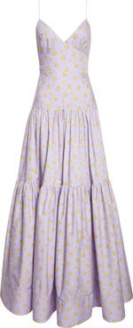 Lela Rose Floral Print Cotton Tiered Gown