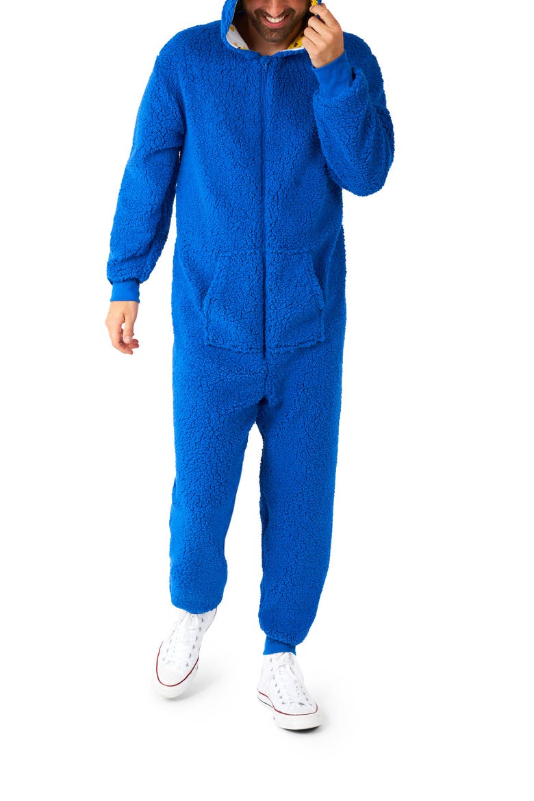 Sesame Street® Cookie Monster Hooded Long Sleeve Fleece Jumpsuit, Main, color, BLUE