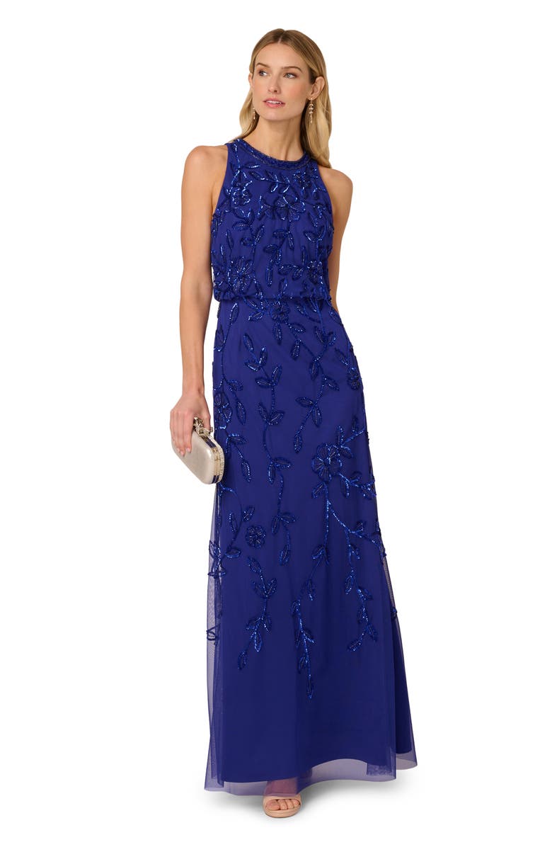 Adrianna Papell Beaded Blouson Cocktail Maxi Dress, Alternate, color, Dark Blue Violet