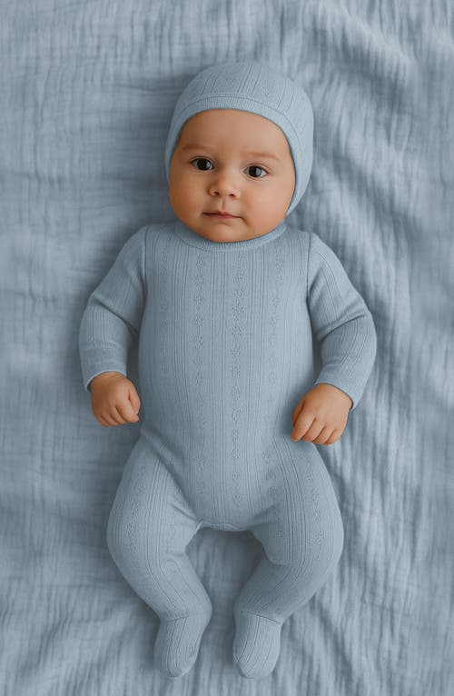 Maniere Manière Pointelle Cotton Blend Footie & Beanie Set In Blue