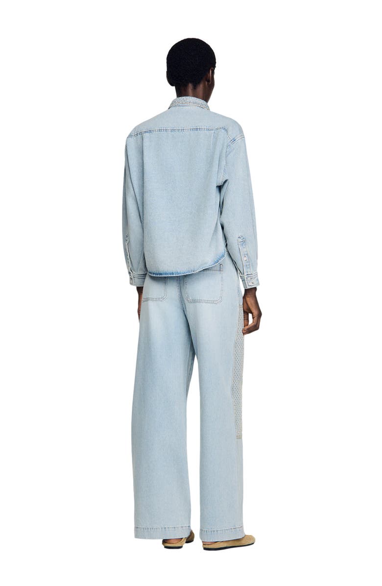 SANDRO Rhinestone cropped denim shirt, Alternate, color, Light Bu Jean