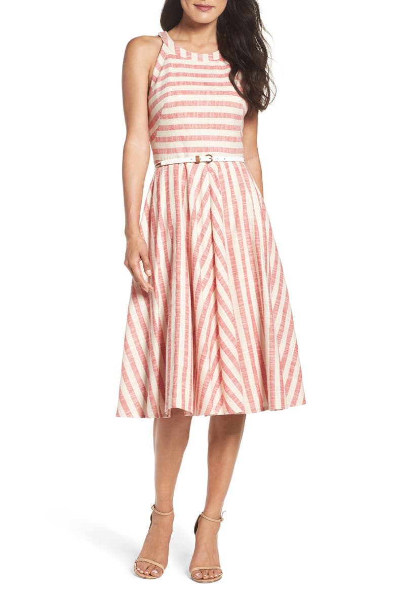 Stripe Fit & Flare Midi Dress, Main, color, RED/ BEIGE