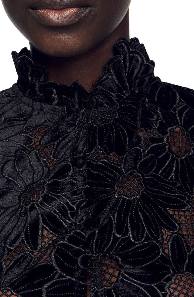 SANDRO May Floral Guipure Lace Mock Neck Velvet Top, Alternate, color, 
