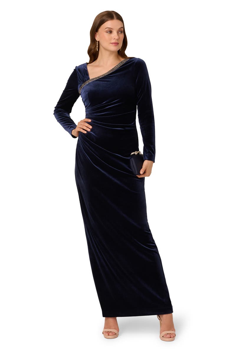 Adrianna Papell Asymmetric Long Sleeve Ruched Velvet Gown, Alternate, color,