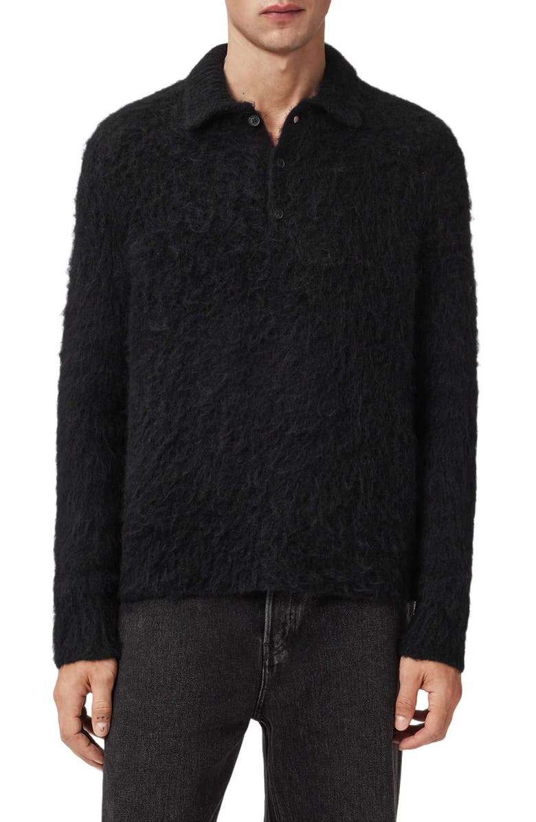 AllSaints Sonny Long Sleeve Hairy Alpaca & Wool Blend Polo, Main, color, Black