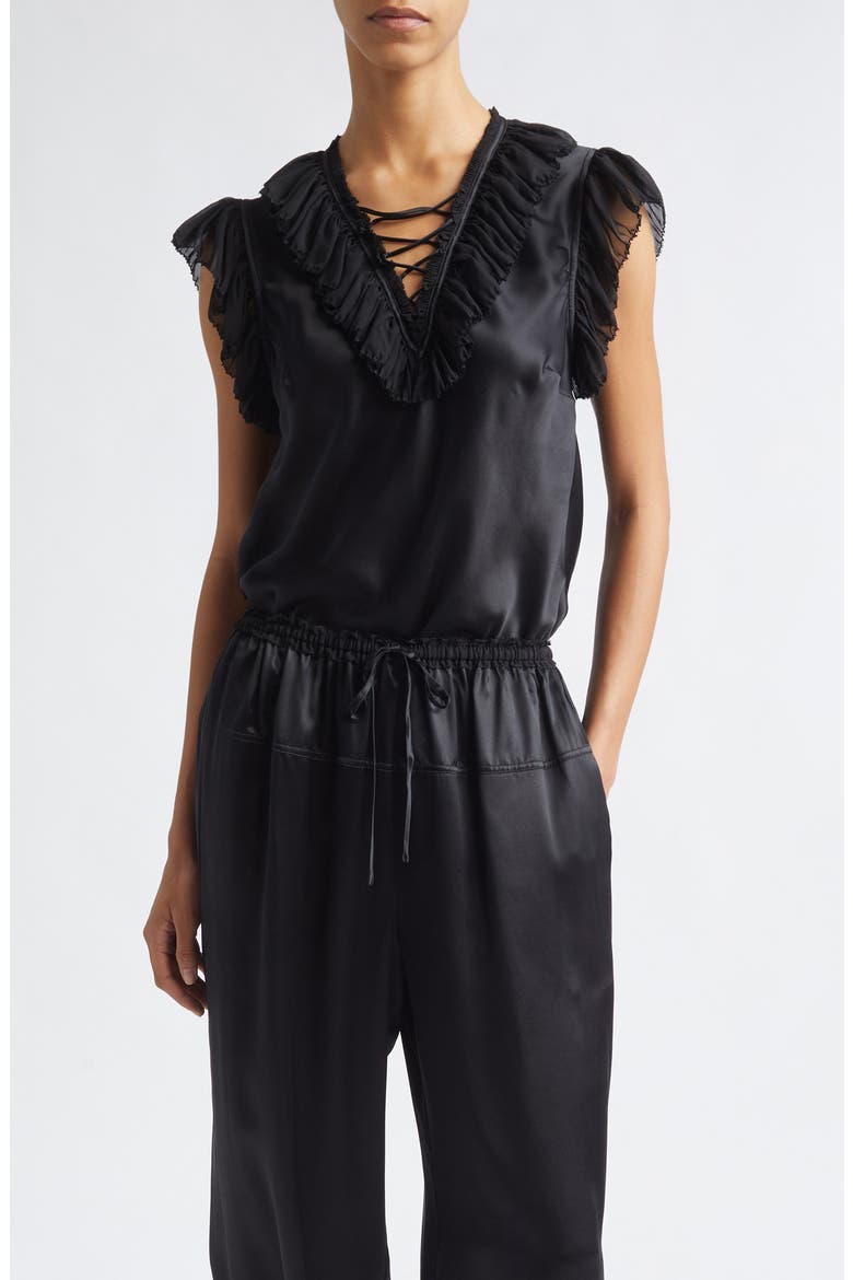 Ilyana Silk Sheer Ruffle Trim Top, Main, color, NOIR