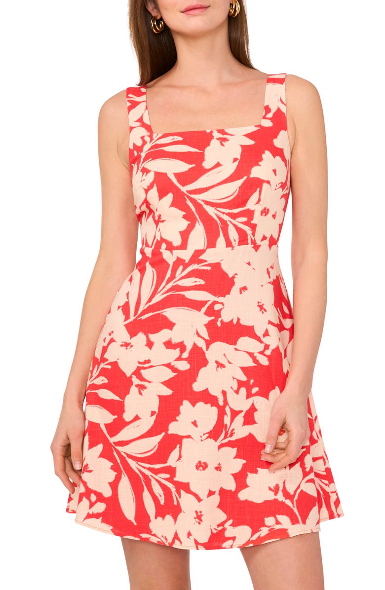 Vince Camuto Floral Square Neck Fit & Flare Dress, Alternate, color, Cayenne