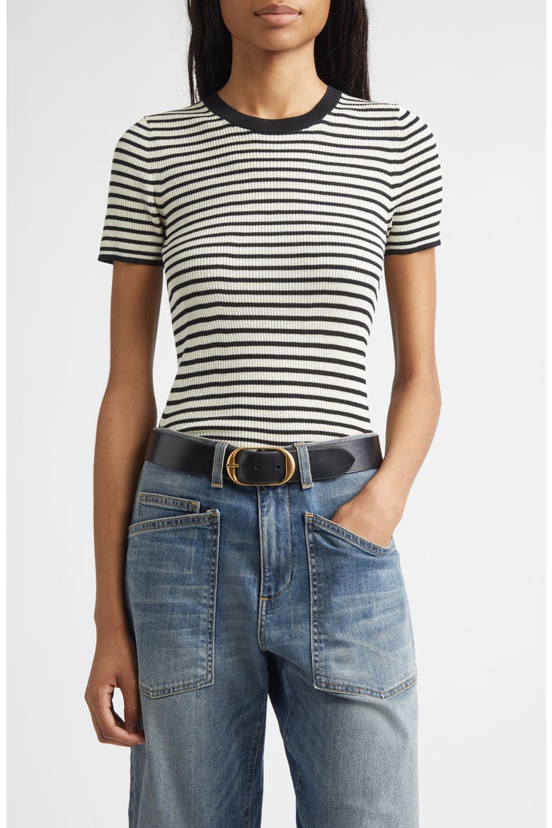 Hettie Stripe Silk Sweater, Main, color, BLACK/ IVORY STRIPE