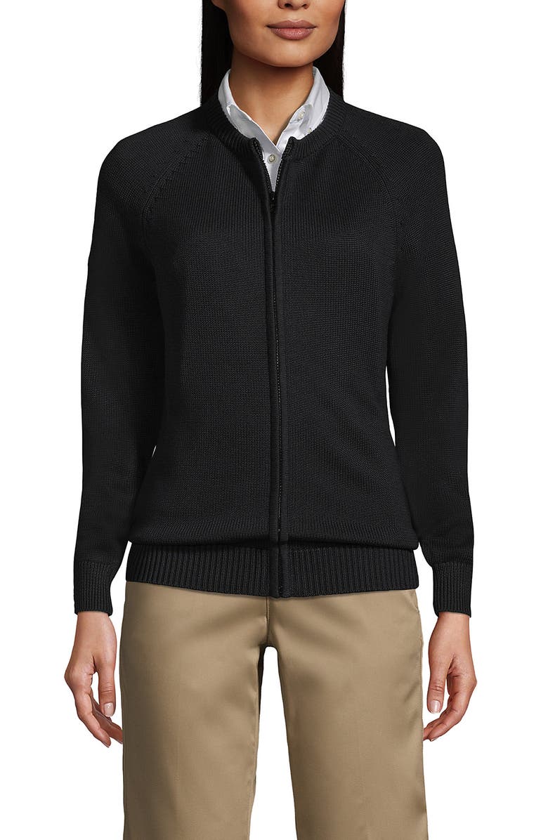Lands' End School Uniform Cotton Modal Zip-front Cardigan Sweater, Main, color, Black
