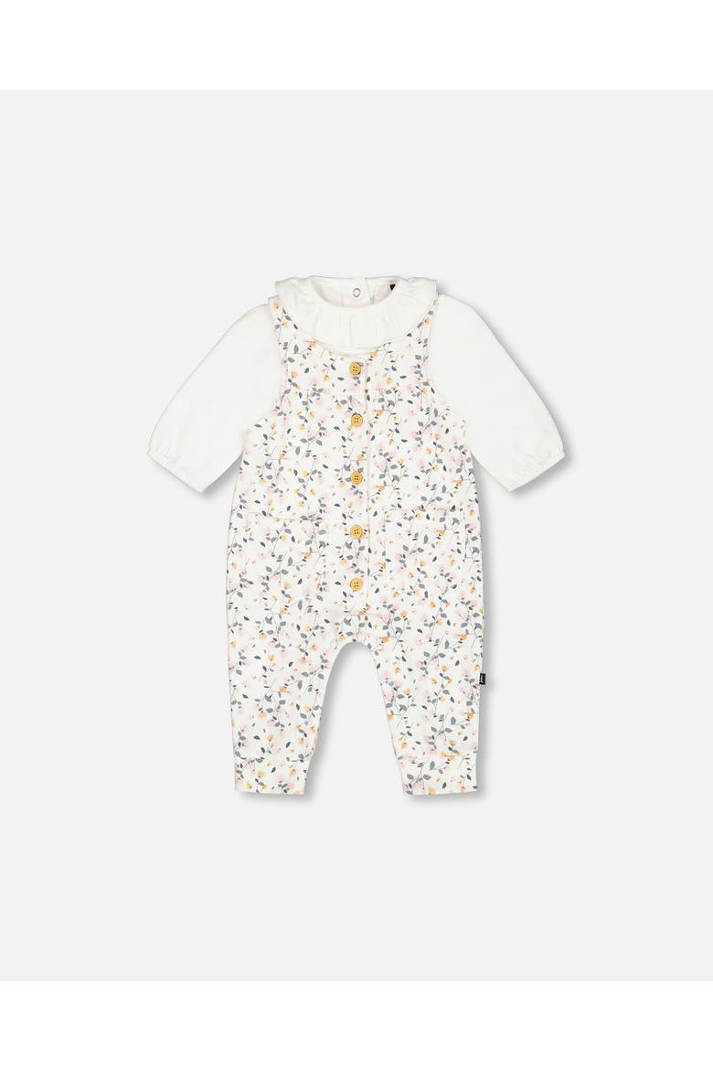 Baby Girl's Organic Cotton Bodysuit And Printed Overall Set Cream With Flowers, Main, color, Printed Flowers