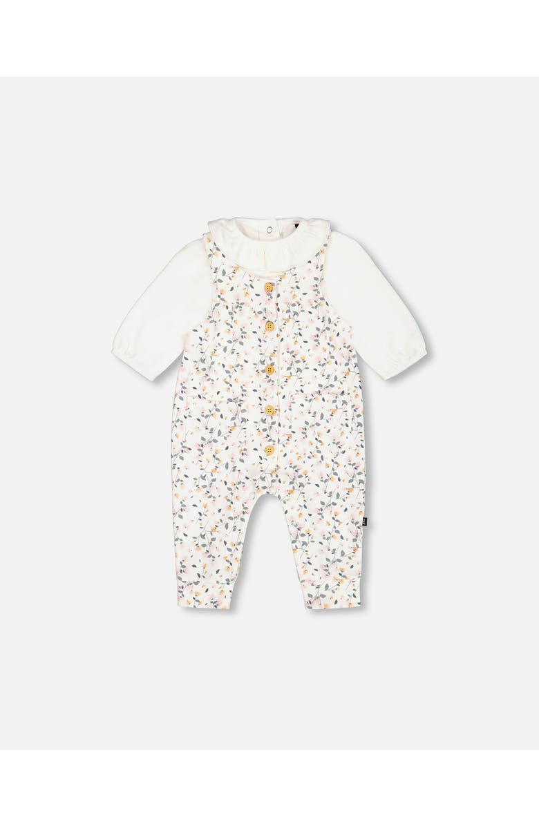 Deux par Deux Baby Girl's Organic Cotton Bodysuit And Printed Overall Set Cream With Flowers, Main, color, 