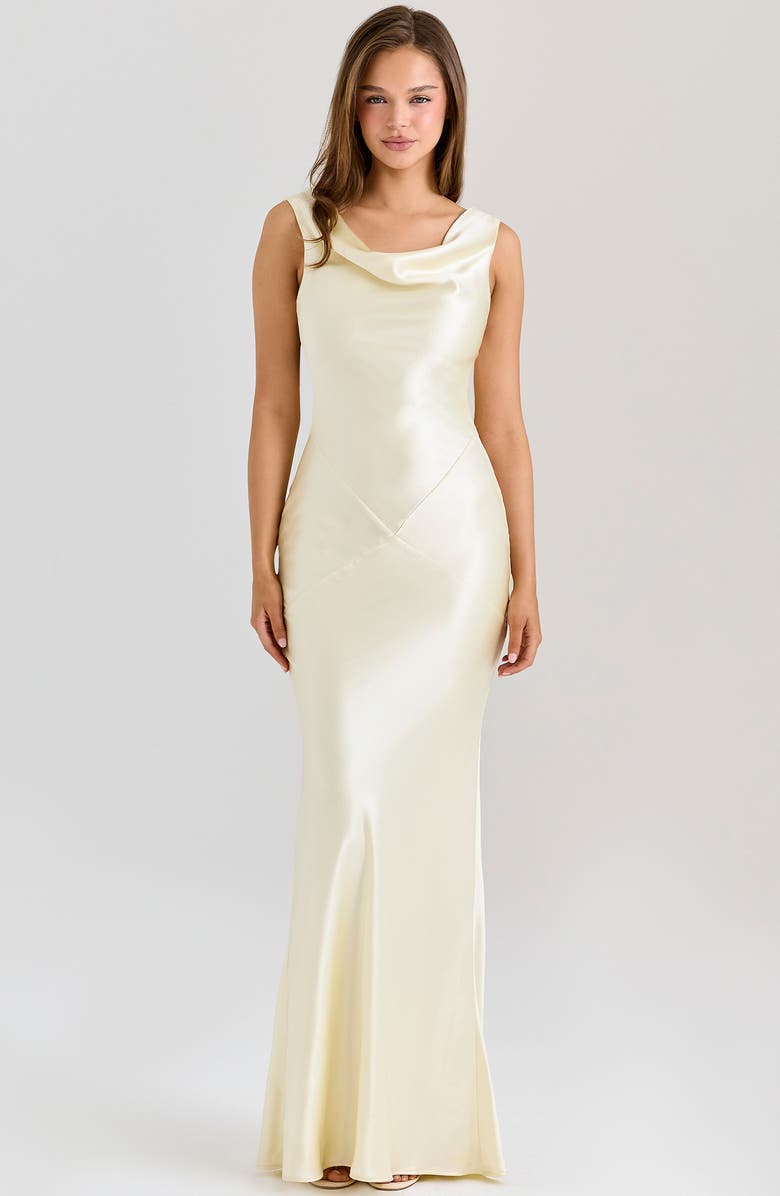 HOUSE OF CB Safaira Cowl Neck Satin Gown, Alternate, color, Lemon