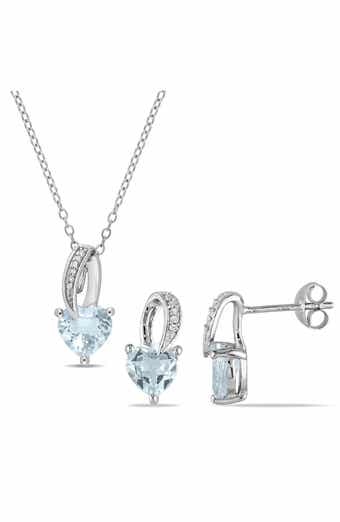 Heart-Cut Aquamarine & Diamond Necklace & Stud Earrings Set