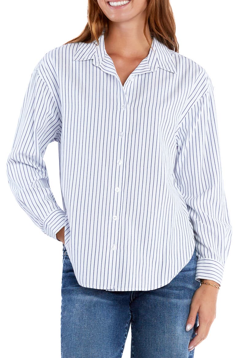 Slick Stripe Cotton Blend Button-Up Shirt, Main, color, BLUE STRIPES