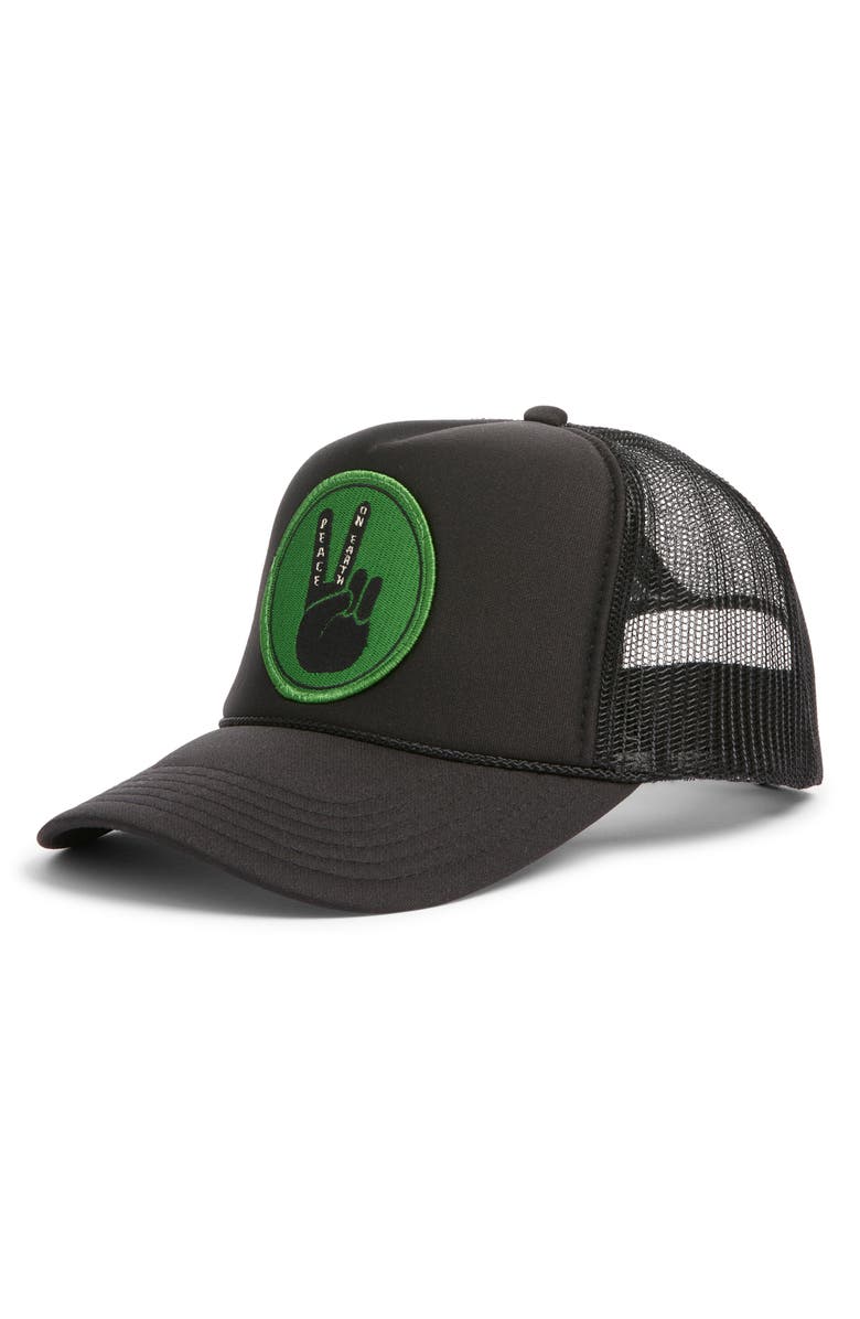 Friday Feelin’ Peace on Earth Patch Trucker Hat, Main, color, Black