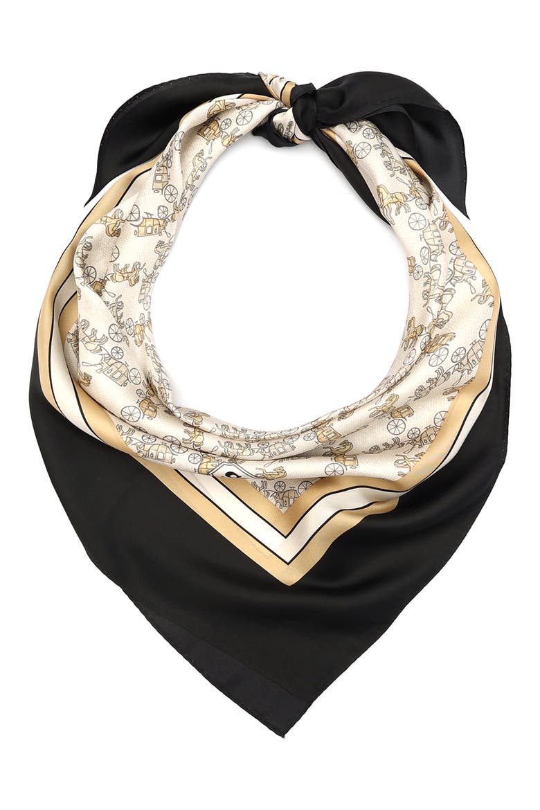 Horse & Carriage Print Silk Square Scarf, Main, color, BLACK/BEIGE
