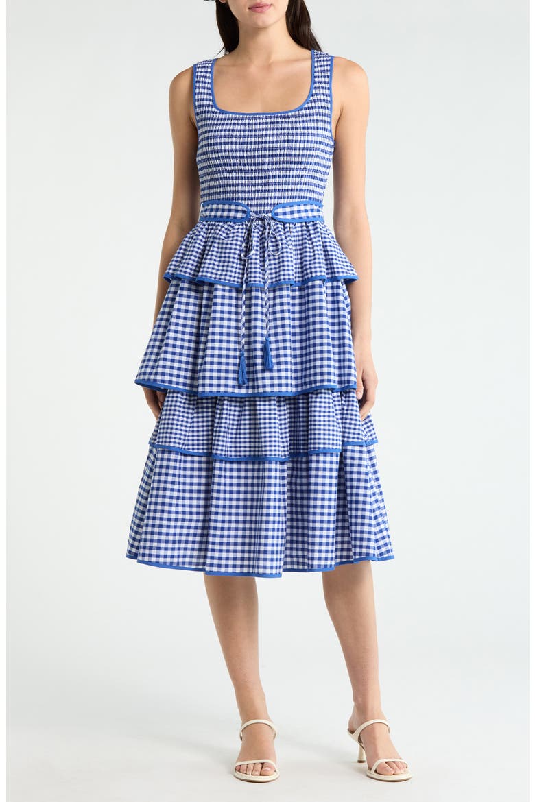 Vanna Gingham Tiered Midi Dress, Main, color, BLUE WHITE