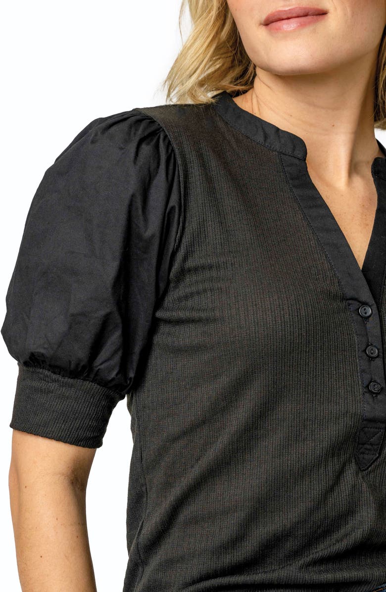 GIBSONLOOK Puff Sleeve Mixed Media Top, Alternate, color, Black