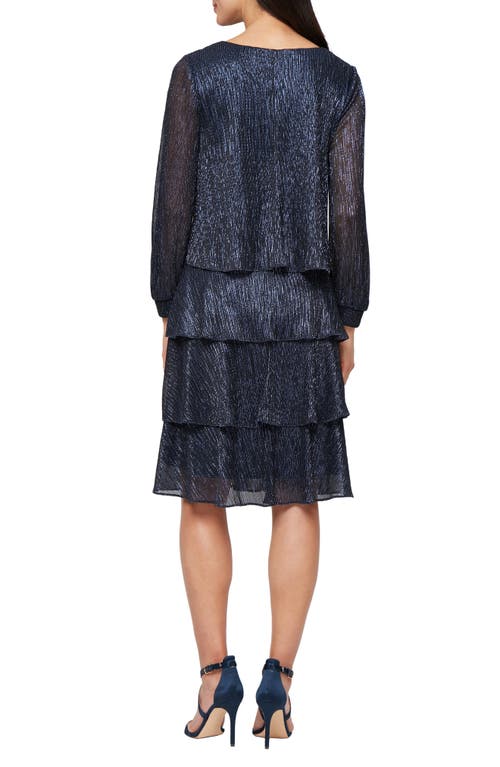 Sl Fashions Metallic Long Sleeve Drop Waist Cocktail Dress In Blue