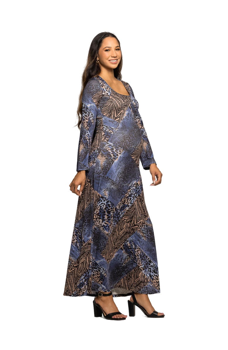 24seven Comfort Apparel Animal Print Long Sleeve Scoop Neck Maxi Dress, Alternate, color, Blue Multi