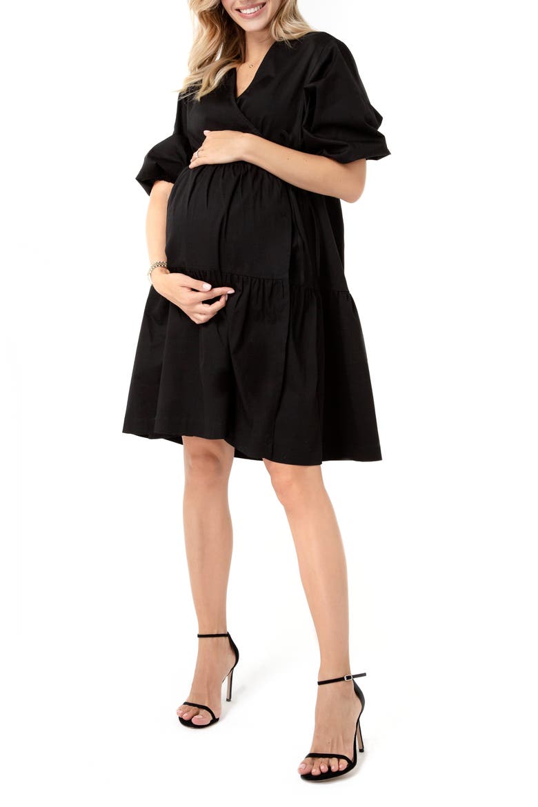 Waterfall Tie Waist A-Line Maternity/Nursing Wrap Dress, Alternate, color, BLACK