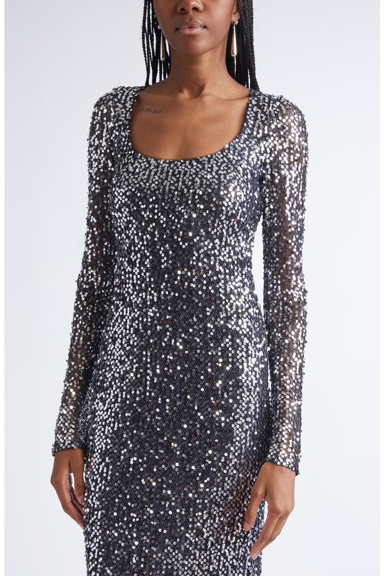 Sequin Long Sleeve Scoop Neck Sheath Dress, Alternate, color, BLACK SILVER