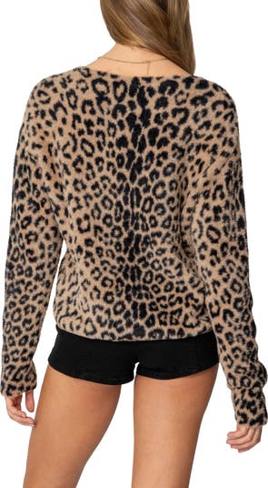 新品　Cardigan Jacket Animal Print EDIKTED Leopard Print Fuzzy V-Neck Cardigan | Nordstrom