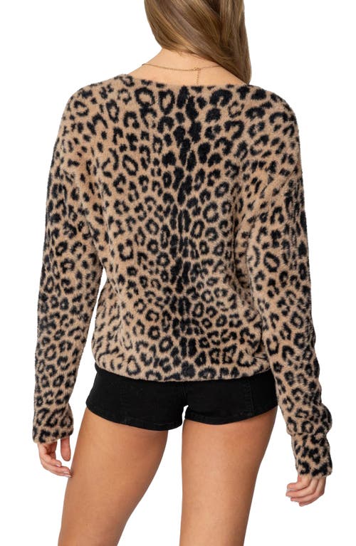 EDIKTED EDIKTED LEOPARD PRINT FUZZY V-NECK CARDIGAN 