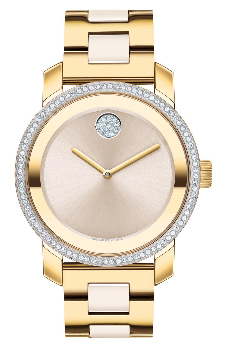 Movado Bold Iconic Crystal Bracelet Strap Watch, 36.3mm, Main, color, Taupe