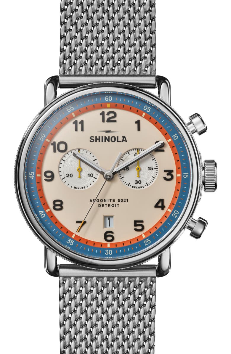 Shinola Canfield Model C56 Chronograph Mesh Strap Watch, 43mm, Main, color,