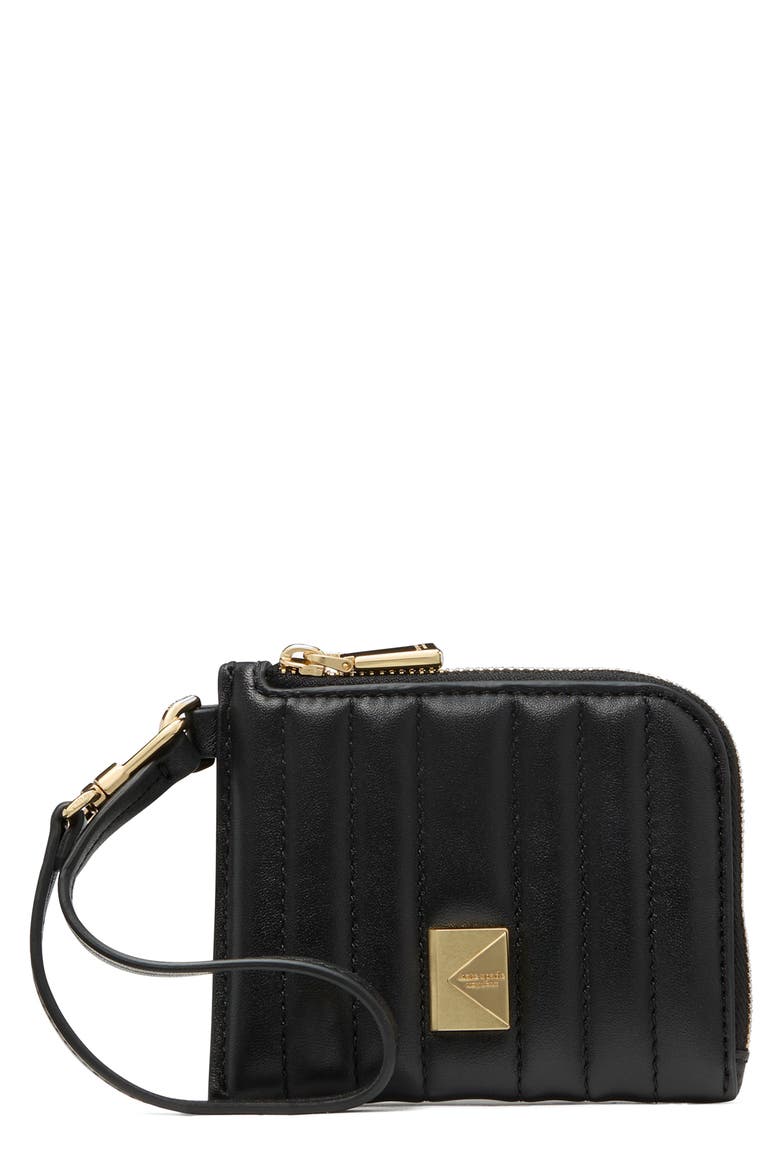 deco quilted leather card case, Main, color, BLACK