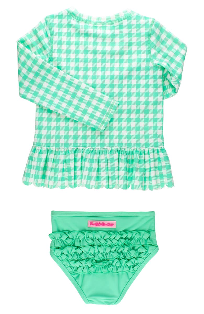 RuffleButts Kids' Gingham Long Sleeve Skirted UPF 50+ Rashguard, Alternate, color, Green