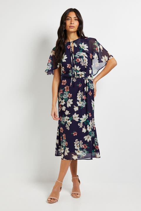 Cape Sleeve Ruched Midi Dress