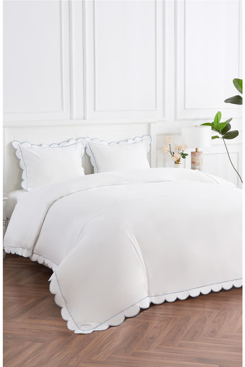 Scallop Embroidered Cotton Duvet Set, Alternate, color, WHITE/ BLUE