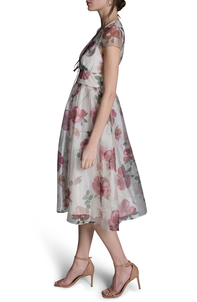 BCBG Floral Cap Sleeve Organza Fit & Flare Midi Dress, Alternate, color, Ecru Multi