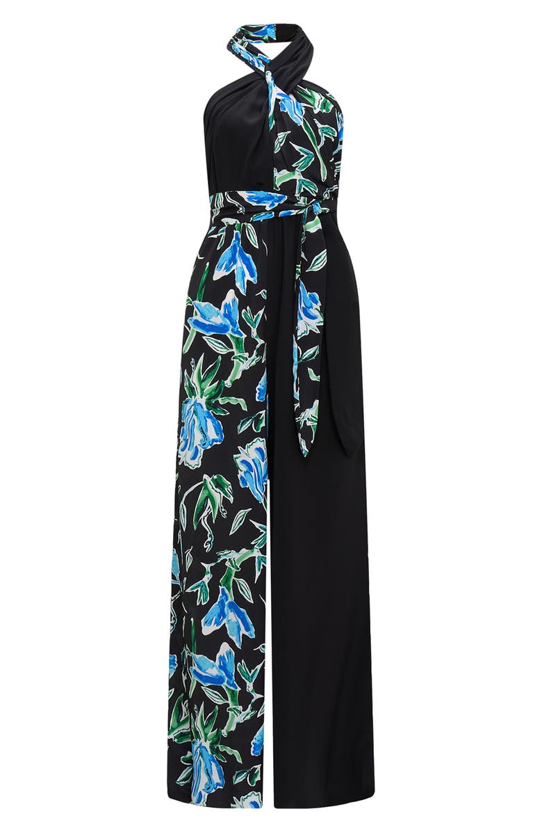 DVF Cort Mixed Print Halter Jumpsuit, Alternate, color, Tulip Fields Blue Lg/Blk