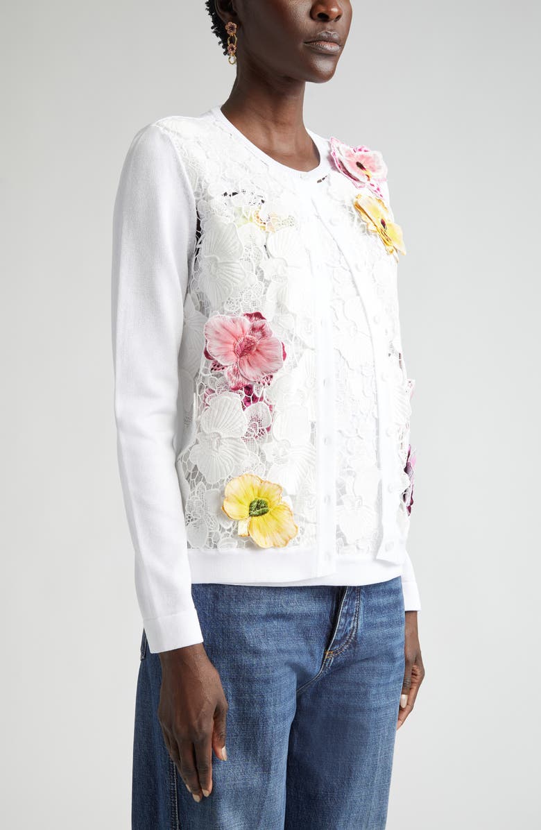 Oscar de la Renta Orchid Threadwork Cardigan, Alternate, color, White Multi
