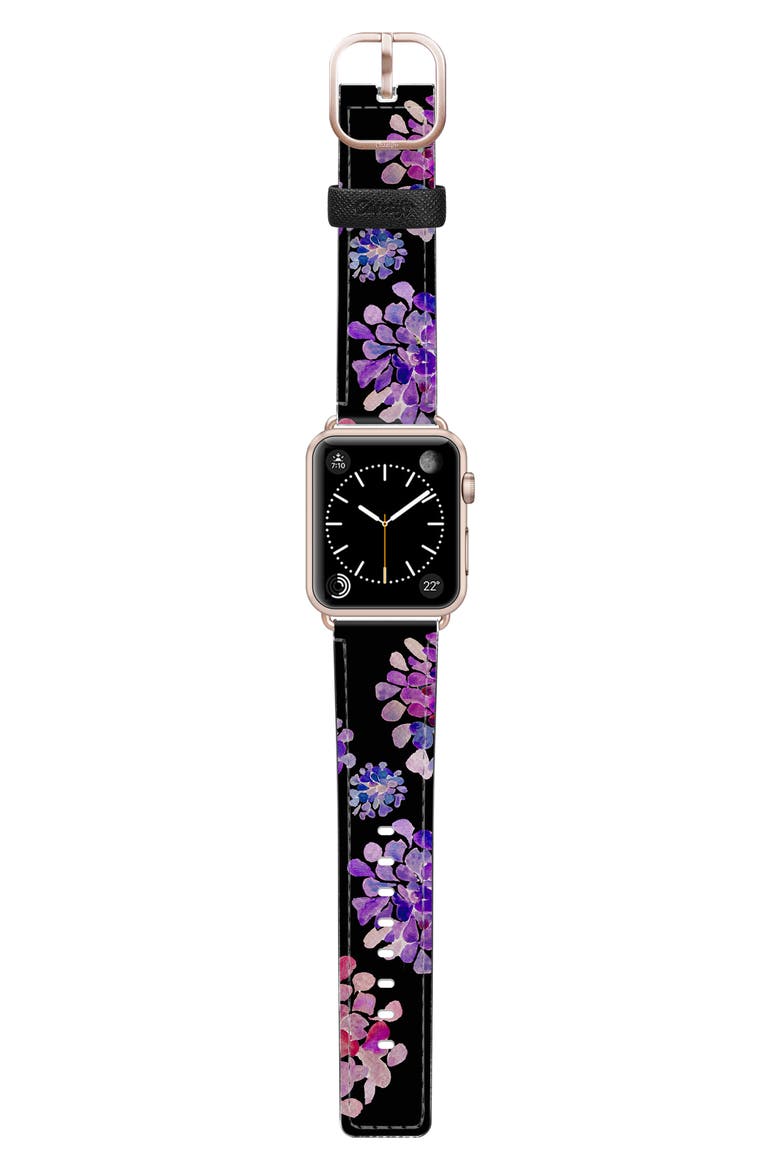 Saffiano Purple Flowers Faux Leather Apple Watch® Strap, Alternate, color, BLACK/ ROSE GOLD