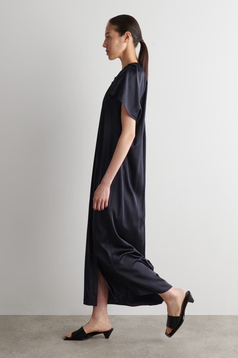 Pleated Satin Midi Dress, Alternate, color, NAVY