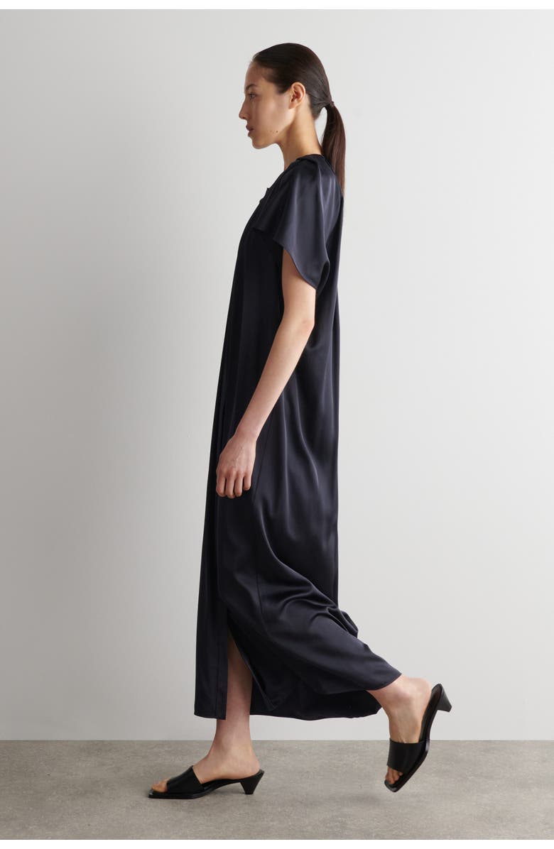 COS Pleated Satin Midi Dress, Alternate, color, Navy